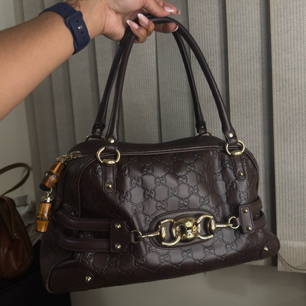 Gucci Guccissima Dark Brown Boston Leather Handbag